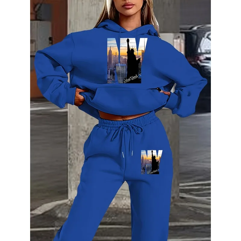 

2025 3D Letter Printed Hooded Long Pants Set Casual Deep Blue Polyester Fiber Clothing