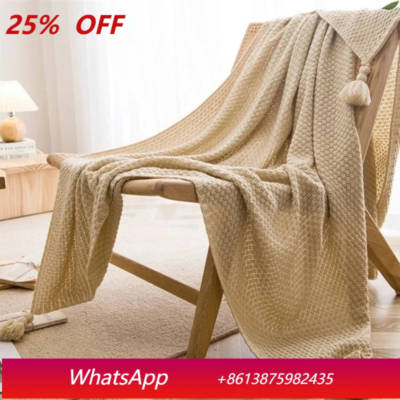 

Nordic sofa thick knitted bedspread knitted throw blanket fringed plain waffle embossed blanket