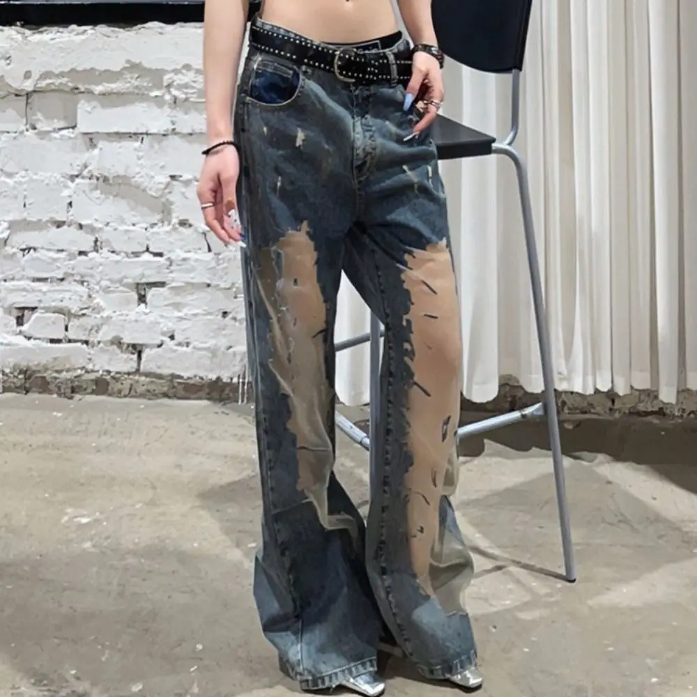

Cool High Waist Casual Mesh Jeans Loose Straight Wide Leg Denim Pants Irregular See Through Baggy Pants Women