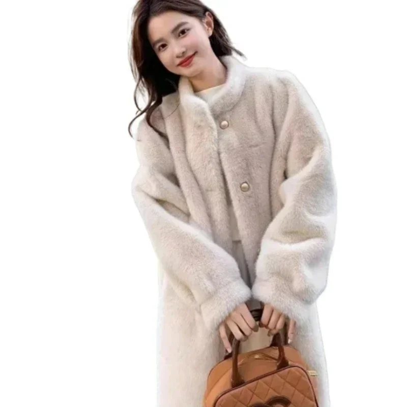 Winter Imitation Mink Coat New Stand Collar Single Breasted Super Warm Coats Thick Medium Long Fur One Fur Mink High-end OutCoat