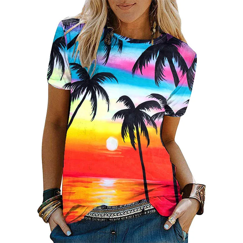 New Hawaiian Sunset Palm Tree 3D Print T-Shirts Women Short Sleeve T Shirt Y2k Tops Harajuku Oversized Beach Tees Woman Clothing