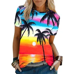 New Hawaiian Sunset Palm Tree 3D Print T-Shirts Women Short Sleeve T Shirt Y2k Tops Harajuku Oversized Beach Tees Woman Clothing