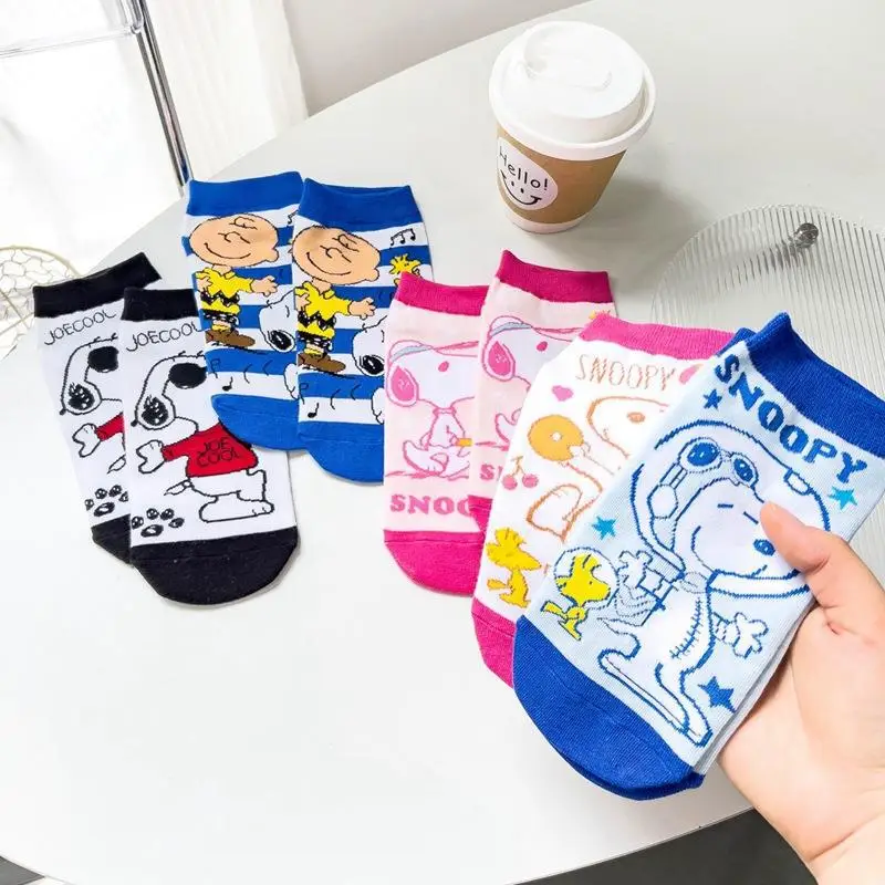 

5 Pairs Snoopy Boat Socks Anime Calcetines Women Summer Low Tube Socks Casual Breathable Cotton Sock Sweat Absorbent Sports Sock