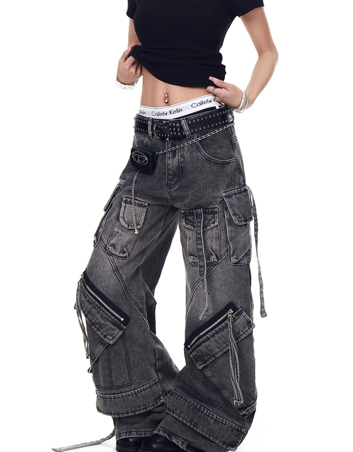 Y2K Vintage Heavy Jeans Y2K Clothes Women Harajuku Hip Hop Multi Pocket Washed Distressed Baggy Jeans Oversized Wide Leg Trouser