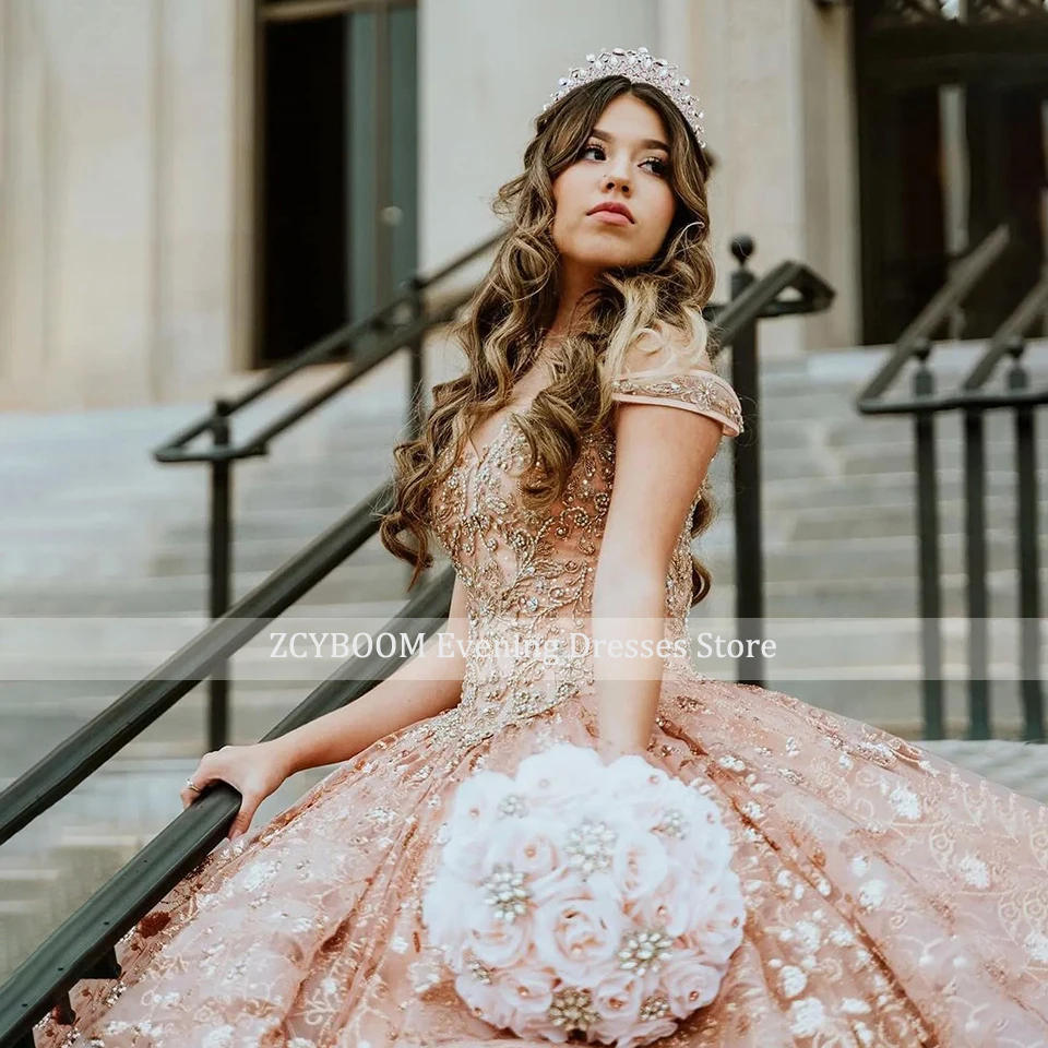 Personalizado 2024 oro rosa princesa vestido De baile vestido para quinceañeras lentejuelas con cuentas fiesta De cumpleaños dulce 15 Vestidos De 15 Años