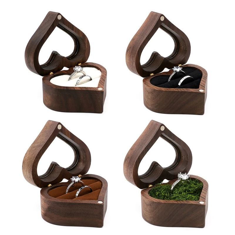 Wedding Love Ring Box Walnut Pair Ring Storage Packaging Gift Box Heart-shaped Wooden Box Ear Earrings Jewelry Dropship