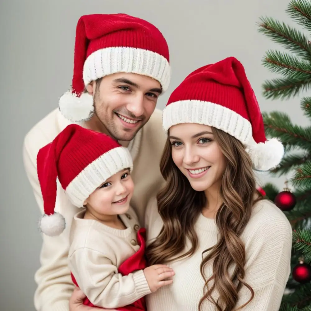 Winter Headwear Festive Unisex Christmas Santa Hat for Children Parents Thick Plush Party Beanie with Contrast Color for Adults