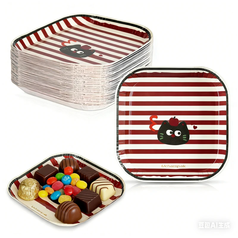 Platos de papel pequeños de gato bonito, platos cuadrados de Chocolate, plato de pastel de postre desechable resistente para fiesta de cumpleaños, Mini plato de comida