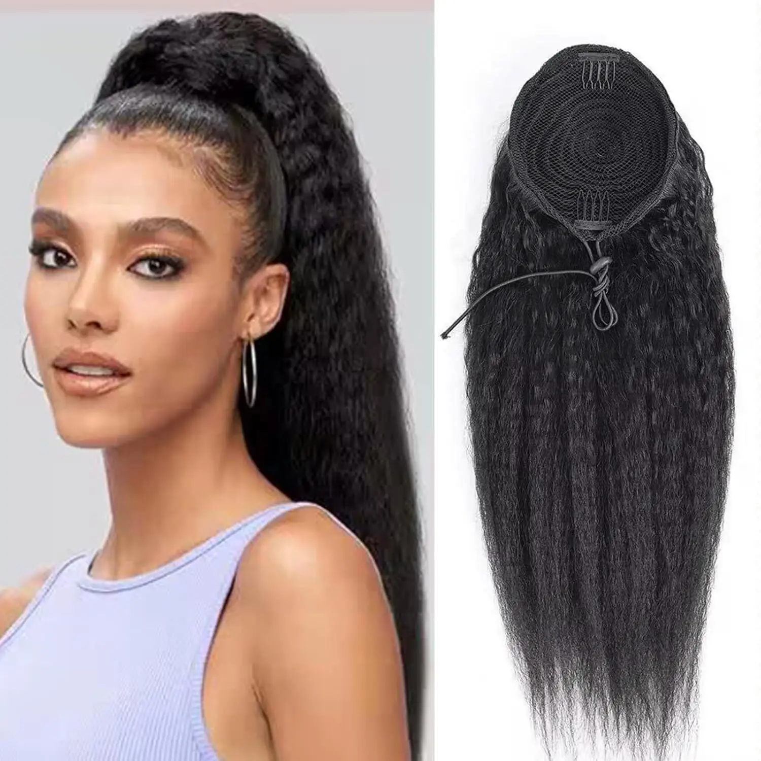

Kinky Straight Clip In Human Hair Ponytail Extension Natural Black Kinky Straight Human Hair Drawstring Ponytail for Black Women