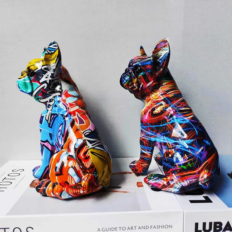 Colorful Dog Sculpture Table Ornament Creative Graffiti French Bulldog Resin Statue Animal Art Figurines Home Room Cabinet Decor