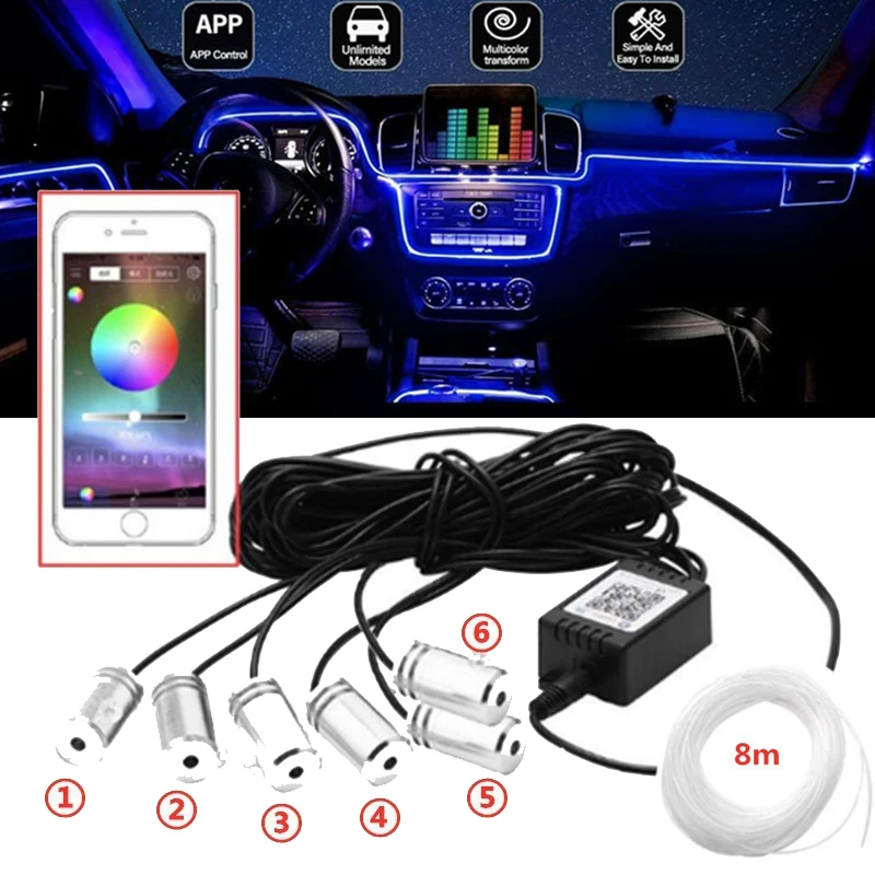 

Car LED Interior Atmosphere Lights Universal RGB Ambient Light Optic Fiber APP Music Control Auto Decorative Neon Lamp
