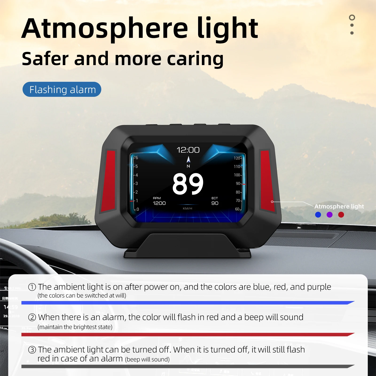 multi-alarms WiiYii P21 3.5inch LED screen HUD OBD2 +GPS+Slope meter 3-in-1 Multi-Language USB-C port for all 12V24V vehicles