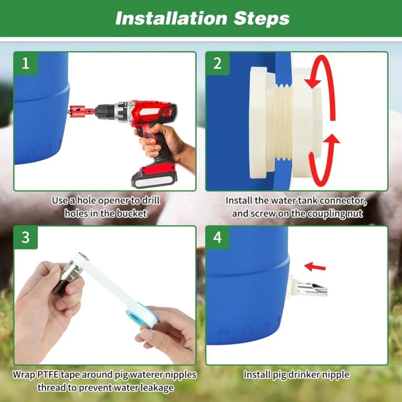 ALIM-Pigs Nipple Waterer 4Set For Drinker Feeder Kit, Pig Water Tank Connector With Hole Opener& PTFE Tapes