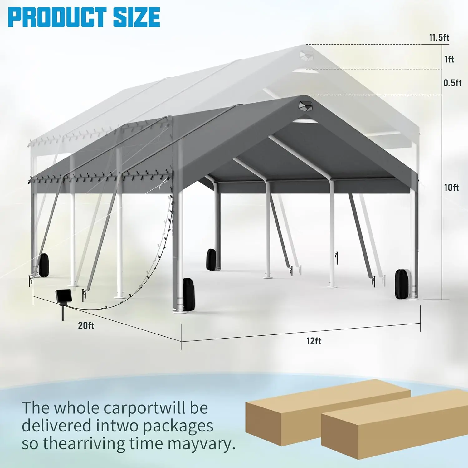 Carport Canopy 12X20 Heavy Duty, Carport Canopy Adjustable Height, Portable Car Port Garage, Car Shelter All Weather, Grey