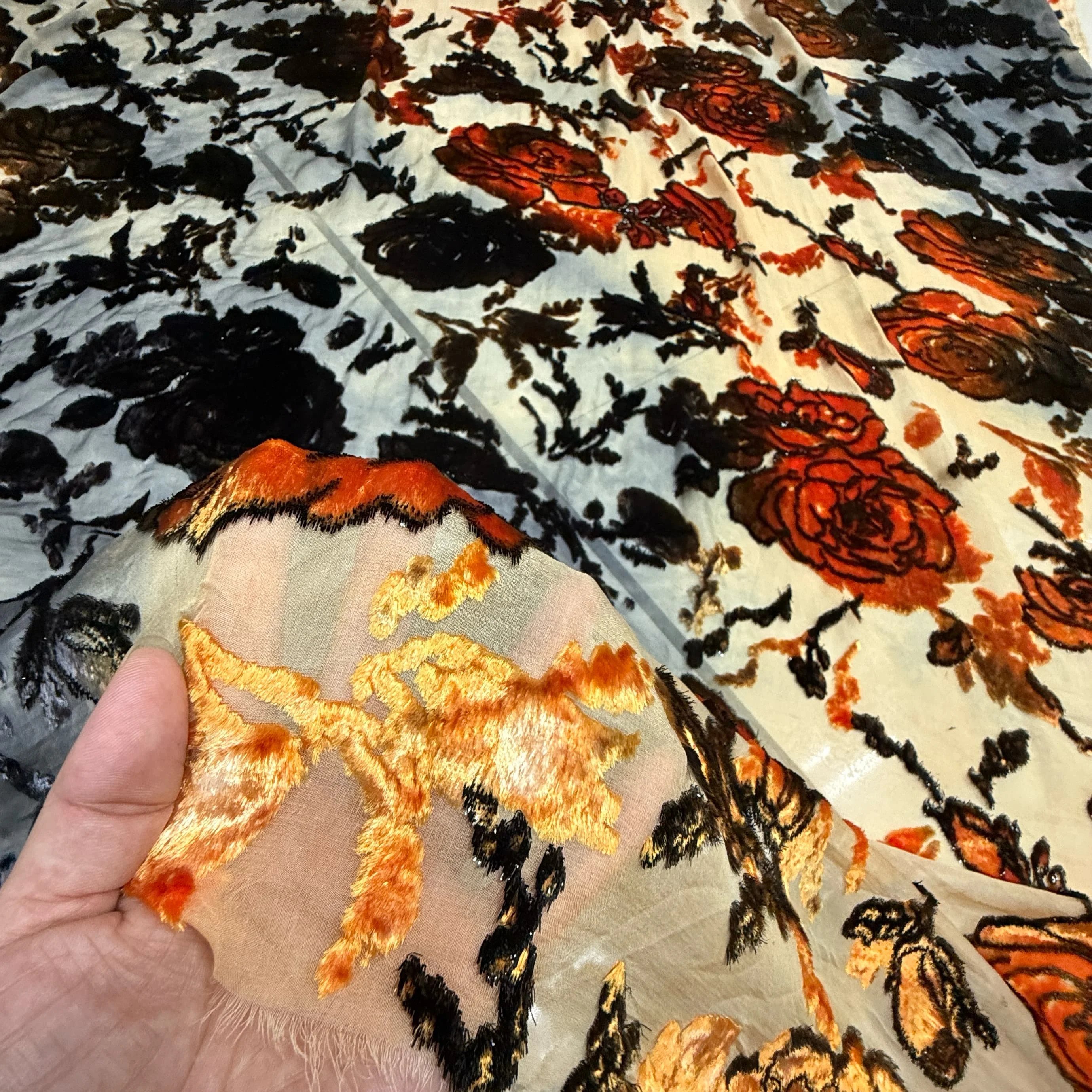 New Painted Silk Etched-out Velvet Fabric Three-Dimensional Translucent Cheongsam Formal Dress High-Definition