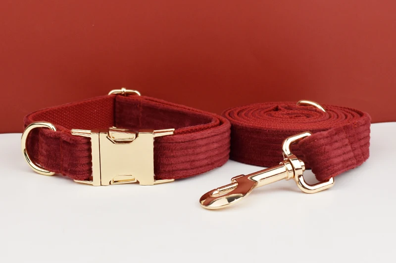 Weinrotes Cord-Hundehalsband und Leinen-Set für Hunde, individuell graviertes Namensschild, Haustierbedarf, Hundeleine, Cord13 – Detail 5