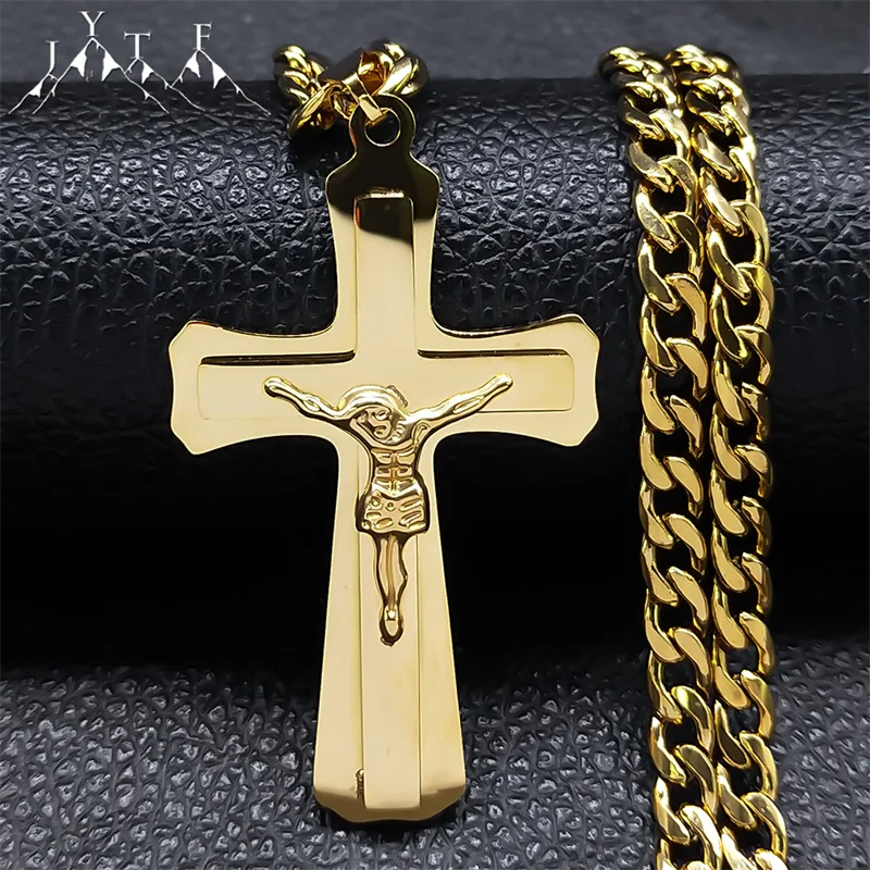 Hip Hop Cross Necklace Chain for Men Stainless Steel Jesus Pendant Gold Plated Prayer Crucifix Necklaces Jewelry collana uomo