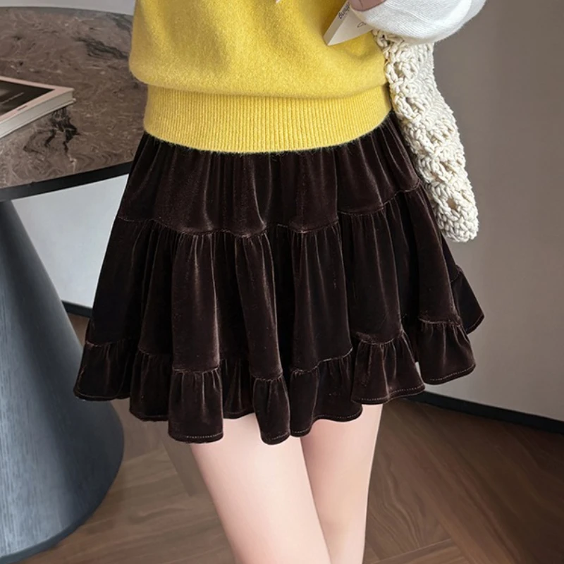 

Seoulish Autumn Winter Velvet Women's Cake Mini Skirts 2025 New High Wasit Casual Loose Pleated Skater Short Skirts Female