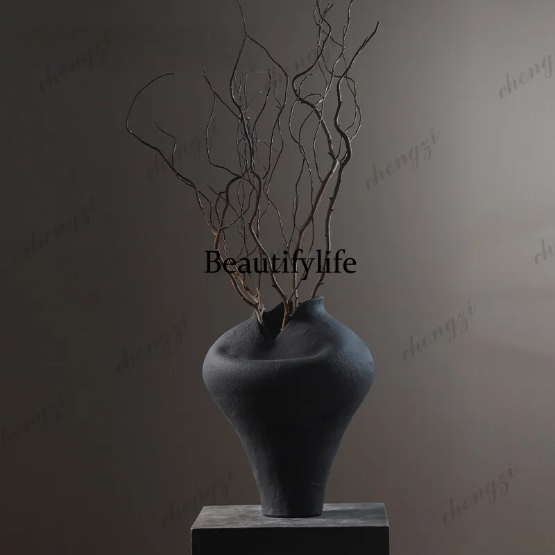 A95 black Jingdezhen ceramic vase ornament retro, hydroponic dried flower arrangement decorating living room