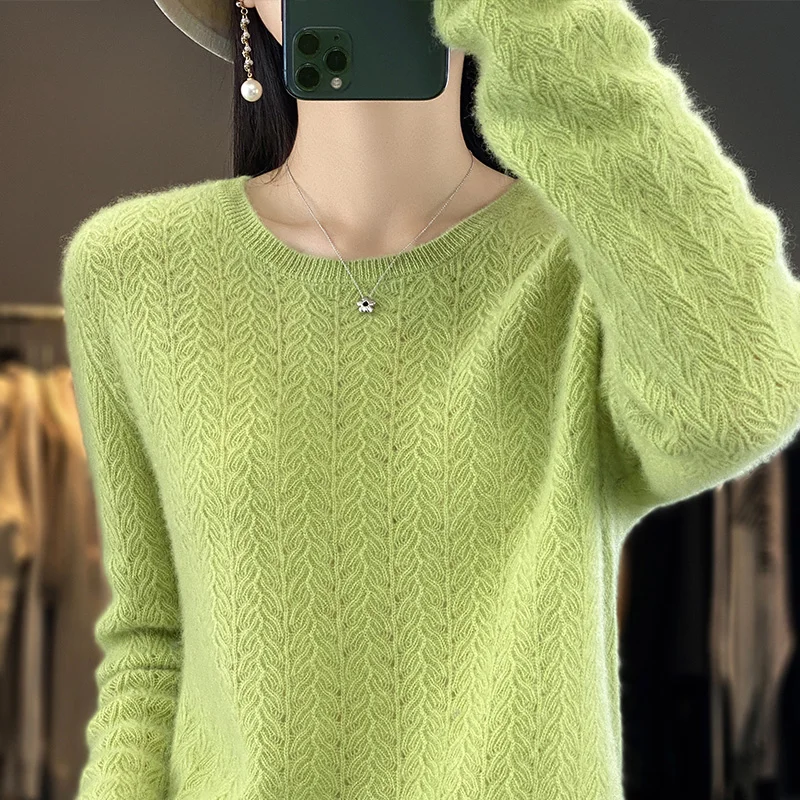 Autumn/Winter New 100% Pure Wool Sweater Casual Solid Color Knit Blouse Round Neck Hollow Tops Fashion Ladies Pullover