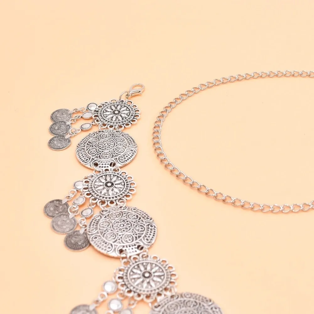 Retro Vintage Münzgürtel mit langen Quasten, Bauchtanzgürtel, gold-silberfarben, geschnitzte Blumen, Körperkette im Ethno-Stil – Detail 9