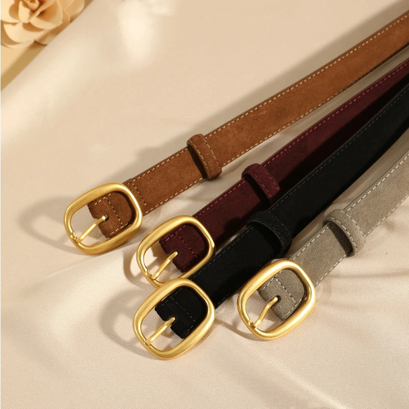 Sabuk Wanita Gaya Vintage - Kulit Suede Rusa dengan Gesper Oval Emas untuk Celana Jeans