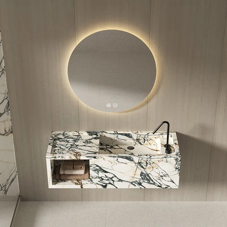 Modern Wall Hung Marble Basin Sink Luxury Stone Cabinet with Drainer for Hotel's Wash Hand Bathroom