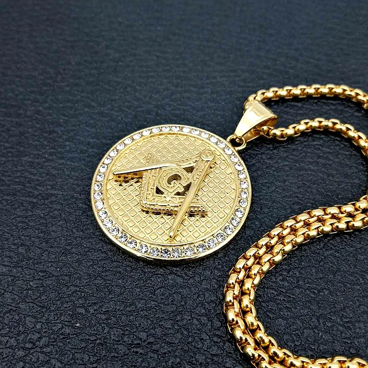 New hip hop gold color Masonic Necklace Freemason 316L stainless steel Freemasonry Sign Pendant Men CZ Accessories