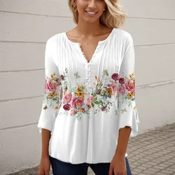 3D Flower Print Women Shirt Blouse Fashion Short Sleeve V-neck Button Pullover Top Office Lady Casual Loose Shirts Femme Blusa