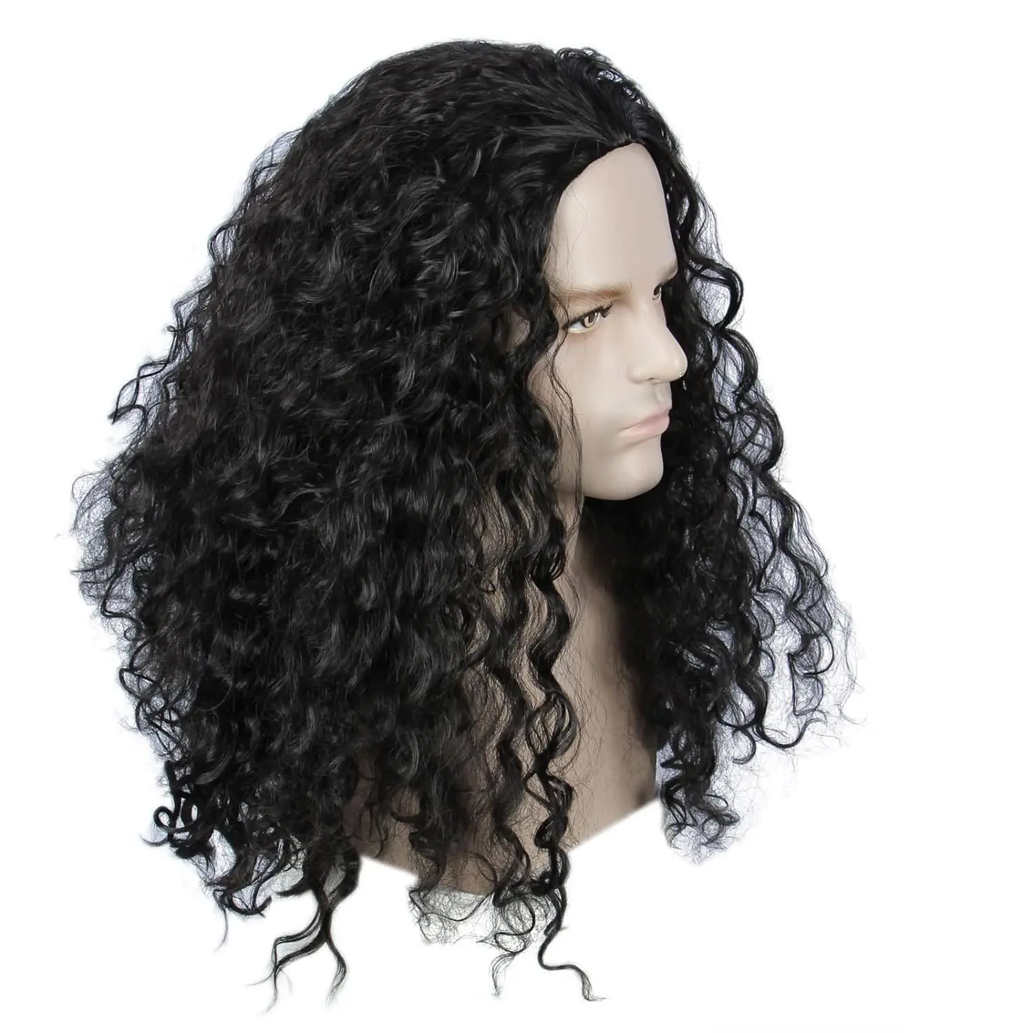 Men Long Fluffy Black Curly Synthetic Cosplay Wig Voluminous Tight Curls Heat Resistant Hair Adult Halloween Party Historical