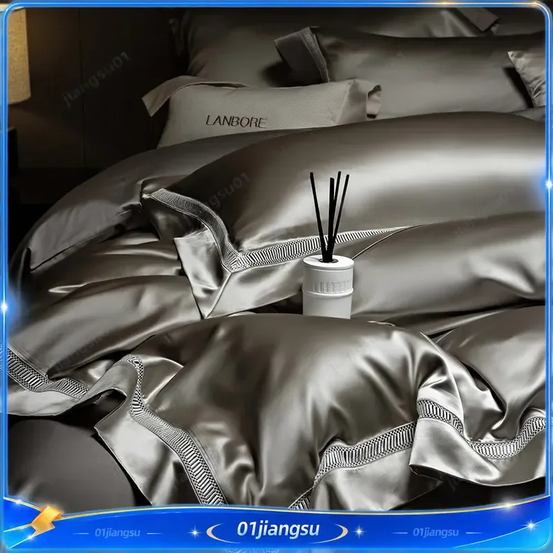 Luxury Lyocell Cotton Satin Bedding Set 4 Piece Hollow Quilt Cover Ultra Fine Denier Heavy Silk Feel Light Luxury Duvet Cover