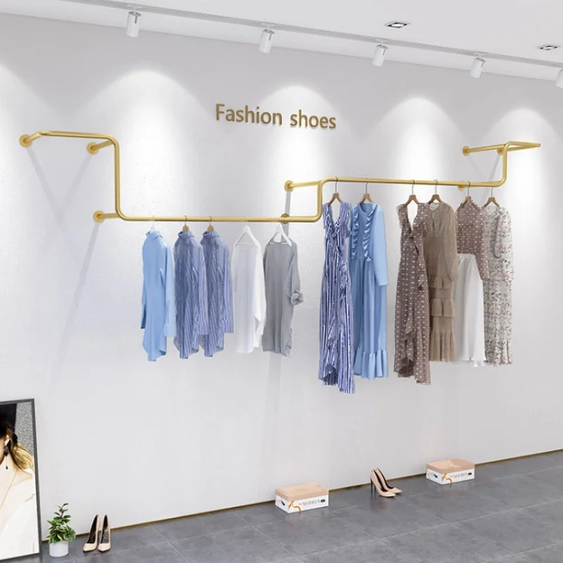 

custom，Gold Silver Metal Wall Mounted Clothing Hanging Racks Garment Store Display Shelf Stands Retail Shop Fittings