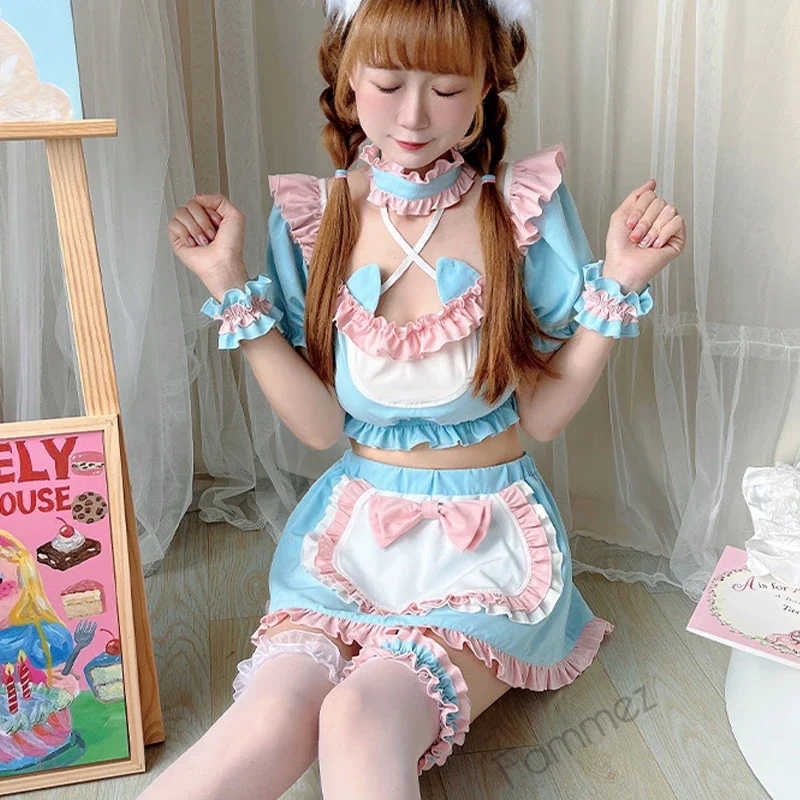 Lolita-Top corto con volantes y orejas de gato para niña, falda de delantal con lazo, vestido de sirvienta rosa y azul, cosplay de princesa de anime, envío directo