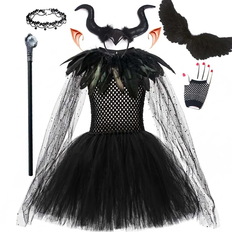 Mädchen Gothic Dark Fallen Kostüm Spitzen-Tüll Langes Kleid für Halloween Cosplay Geburtstag Karneval Bühnenparty – Detail 16