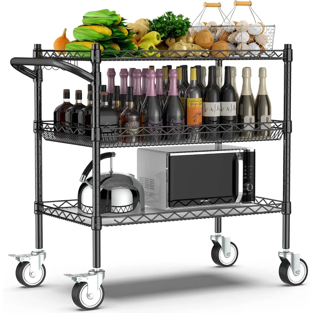 

3 Tier Rolling Carts with Wheels,990Lbs Heavy Duty Rolling Utility Cart,NSF Commercial Grade Metal Cart with Handle&Shelf Liner