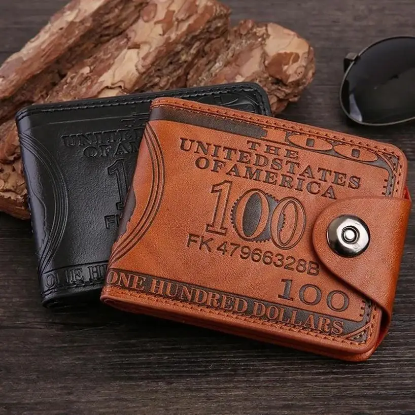Nuevo europeo y americano vintage corto billetera de dólar de los hombres presionado hebilla magnética tres veces el dinero clip tarjeta bolsa cero billetera