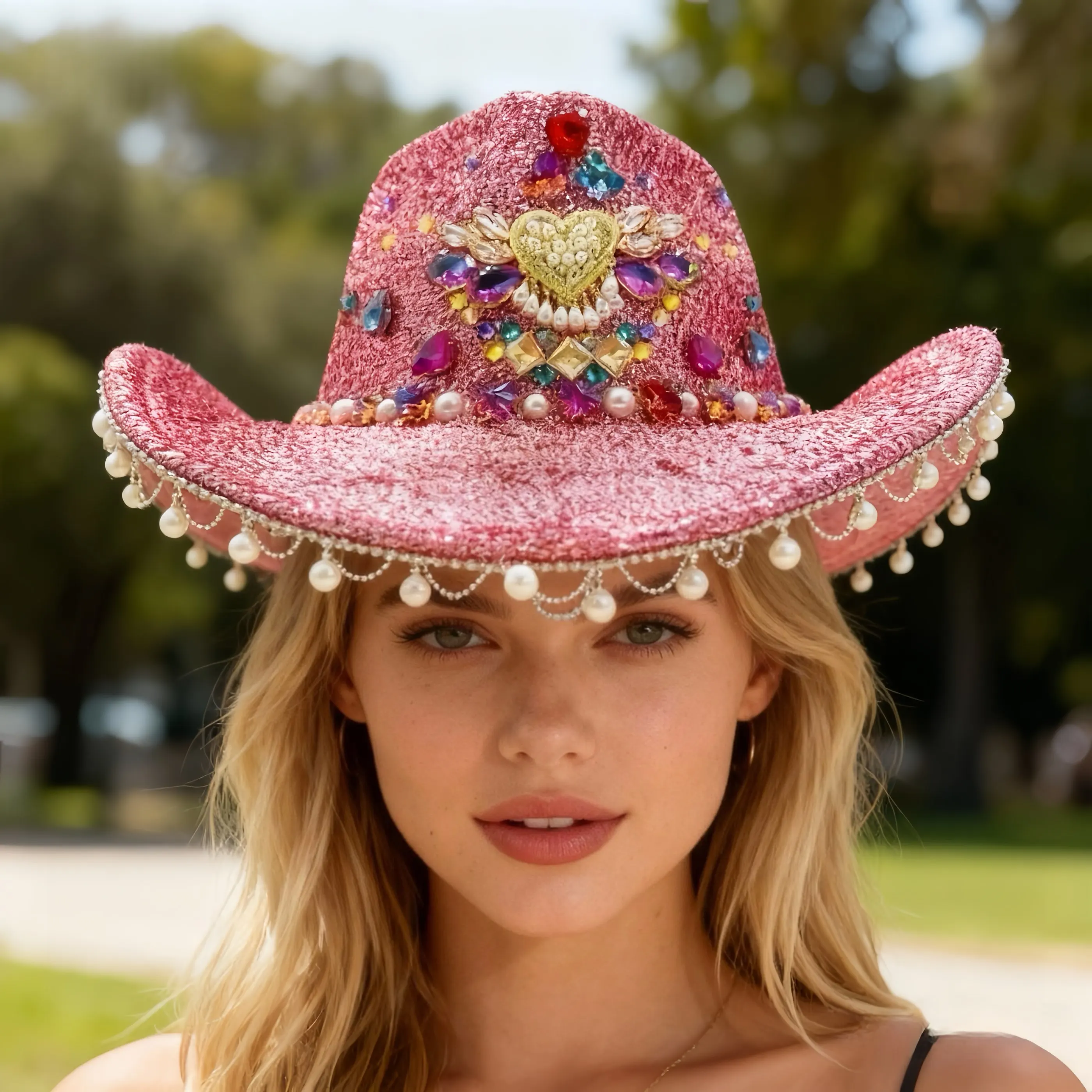 

HongLuan Pink Glitter Costume Hat Adult, Cowboy Hats Rhinestone for Woman, Cowboy Cosplay Female Accessories & Cowgirl Cap