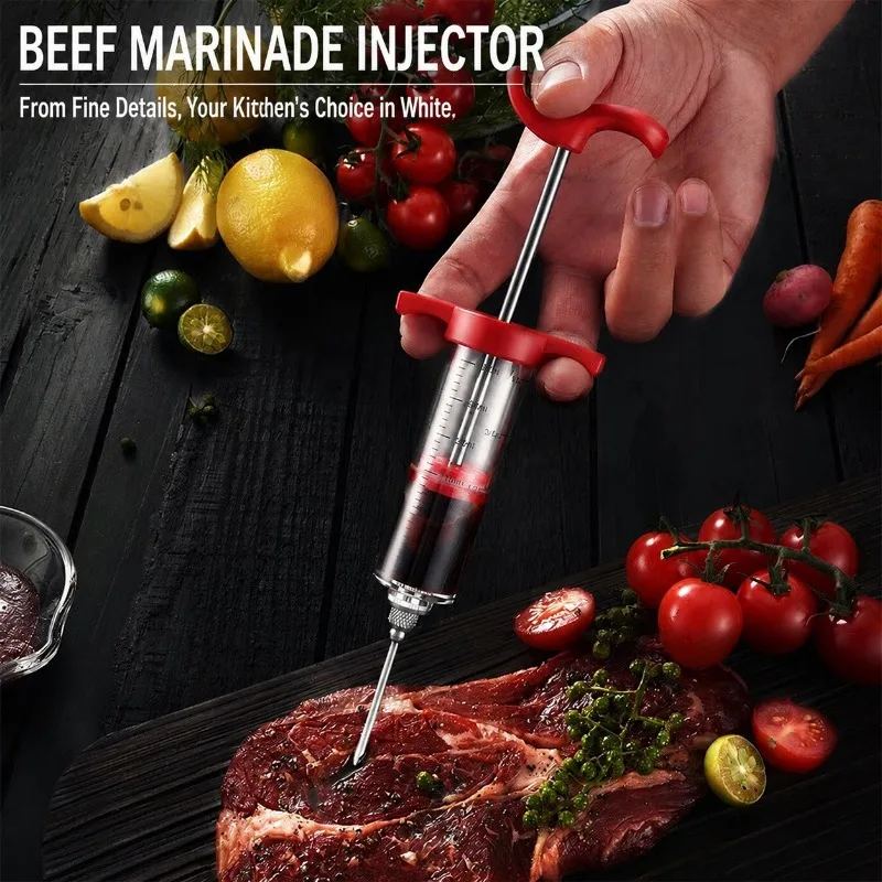 1set Meat Injector Syringe With 3 Marinade Needles for BBQ Grill Turkey Injector Kit Marinade Flavor