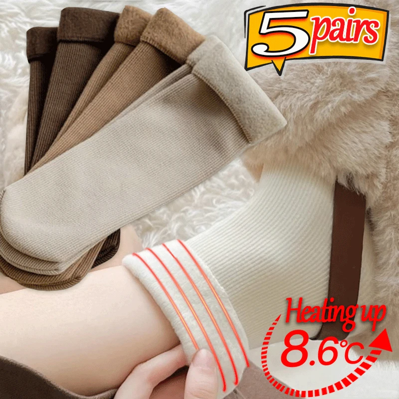 

5Pairs Winter Warmer Women Thicken Thermal Wool Cashmere Snow Socks Fashion Casual Against Cold Snow Wool Socks for Women Men