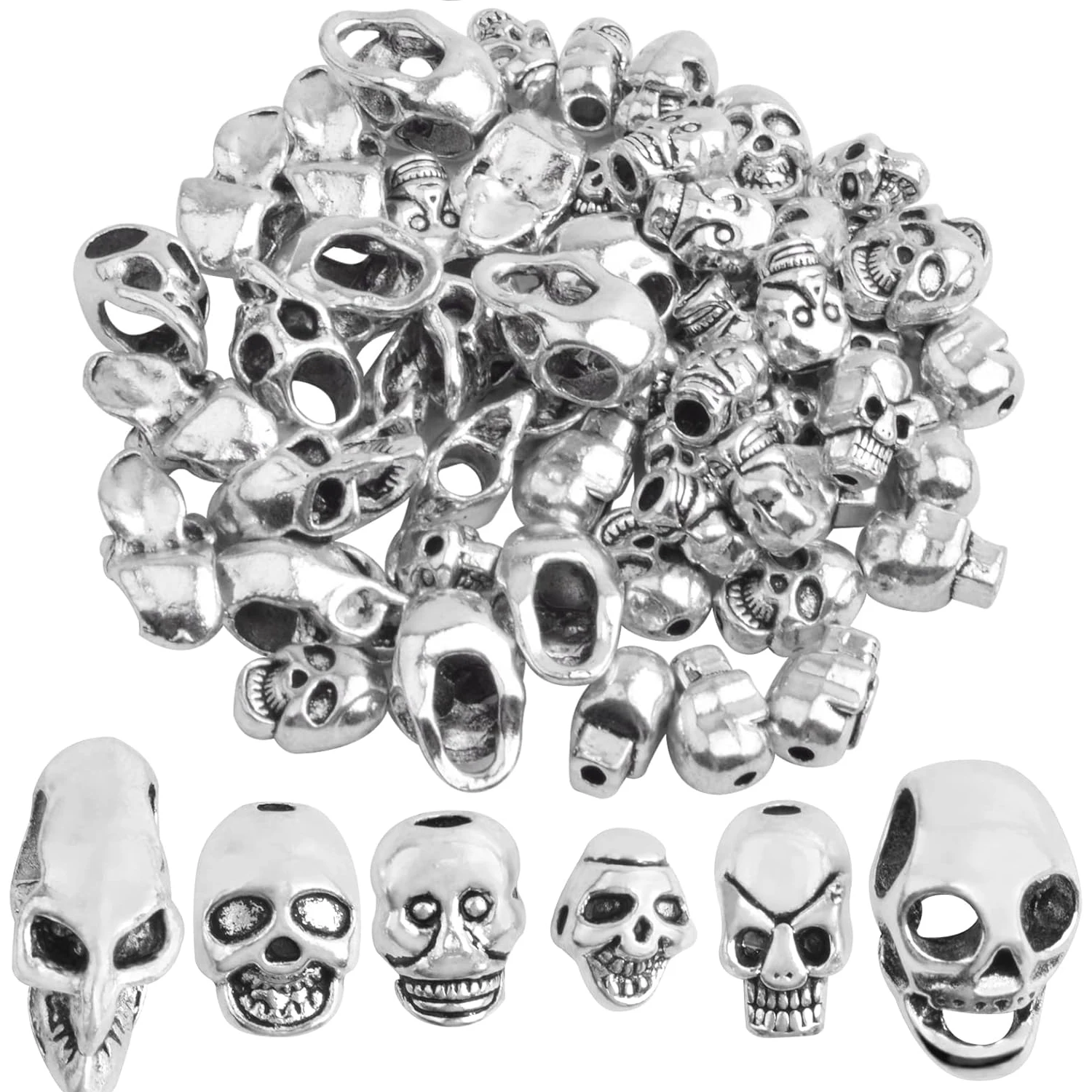 

60 шт. винтажных бусин-черепов из сплава, бусины-разделители в форме черепа, свободные бусины-шармы для изготовления браслетов, ожерелий и ювелирных изделий своими руками