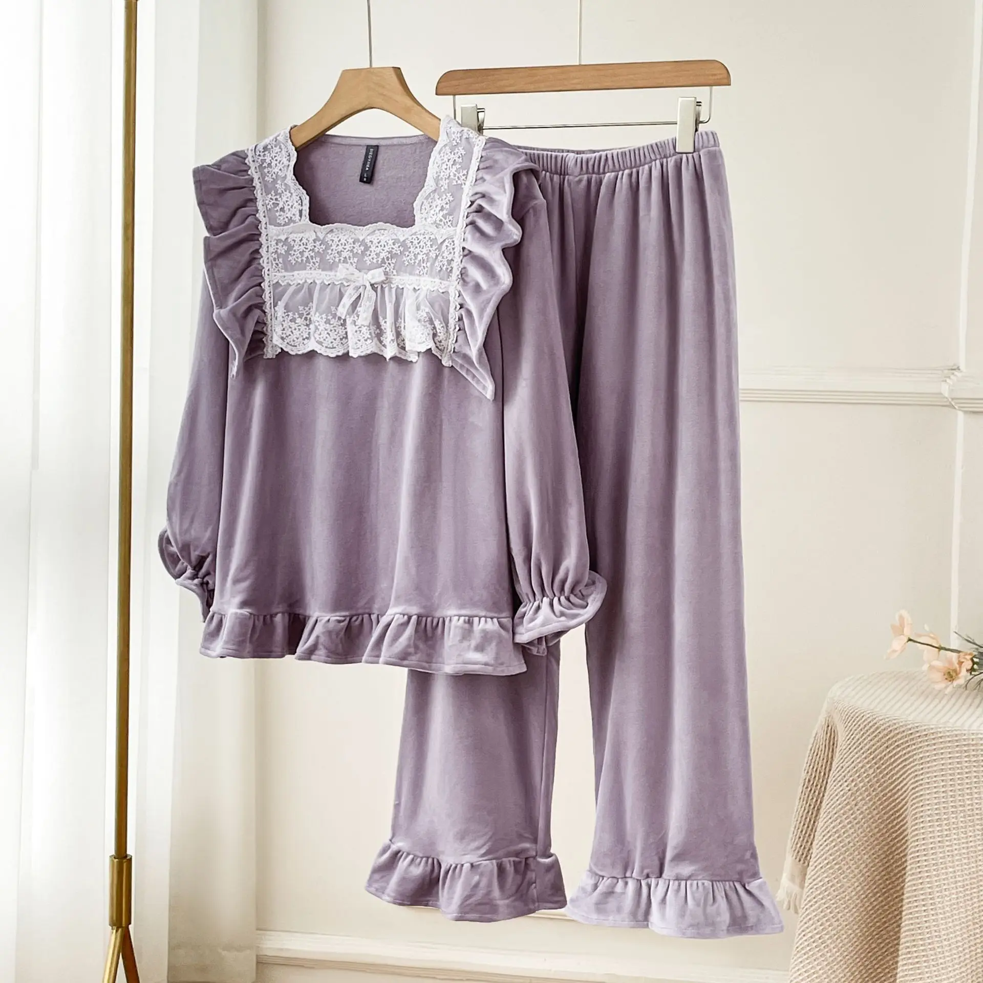 

Sweet Square Neck 2PCS Pajamas Set Sexy Lace Sleepwear Autumn Winter Velour Nightwear Loose Casual Home Clothes Trousers Suits