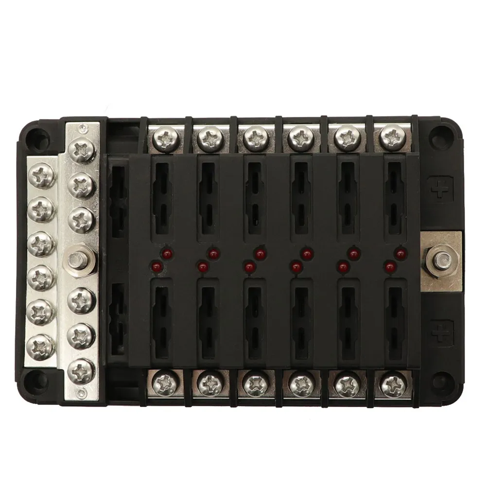 12 Ways Fuse Box Holder LED Warning Indicator Rotating Transparent Cover Car Marine Truck Fuse Block Wire Holder Automotive