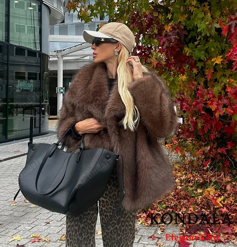 

KONDALA женское осенне-зимнее пальто из искусственного меха винтажное коричневое однотонное лохматое свободное пальто с лацканами осень-зима элегантное роскошное уличное пальто
