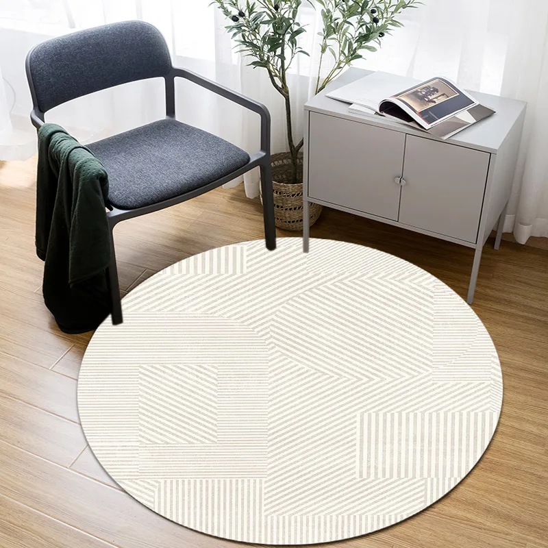 Neutral Beige Block Chevron Geometric round rug works as swivel chair floor mat for vanity nook bedroom and home decor