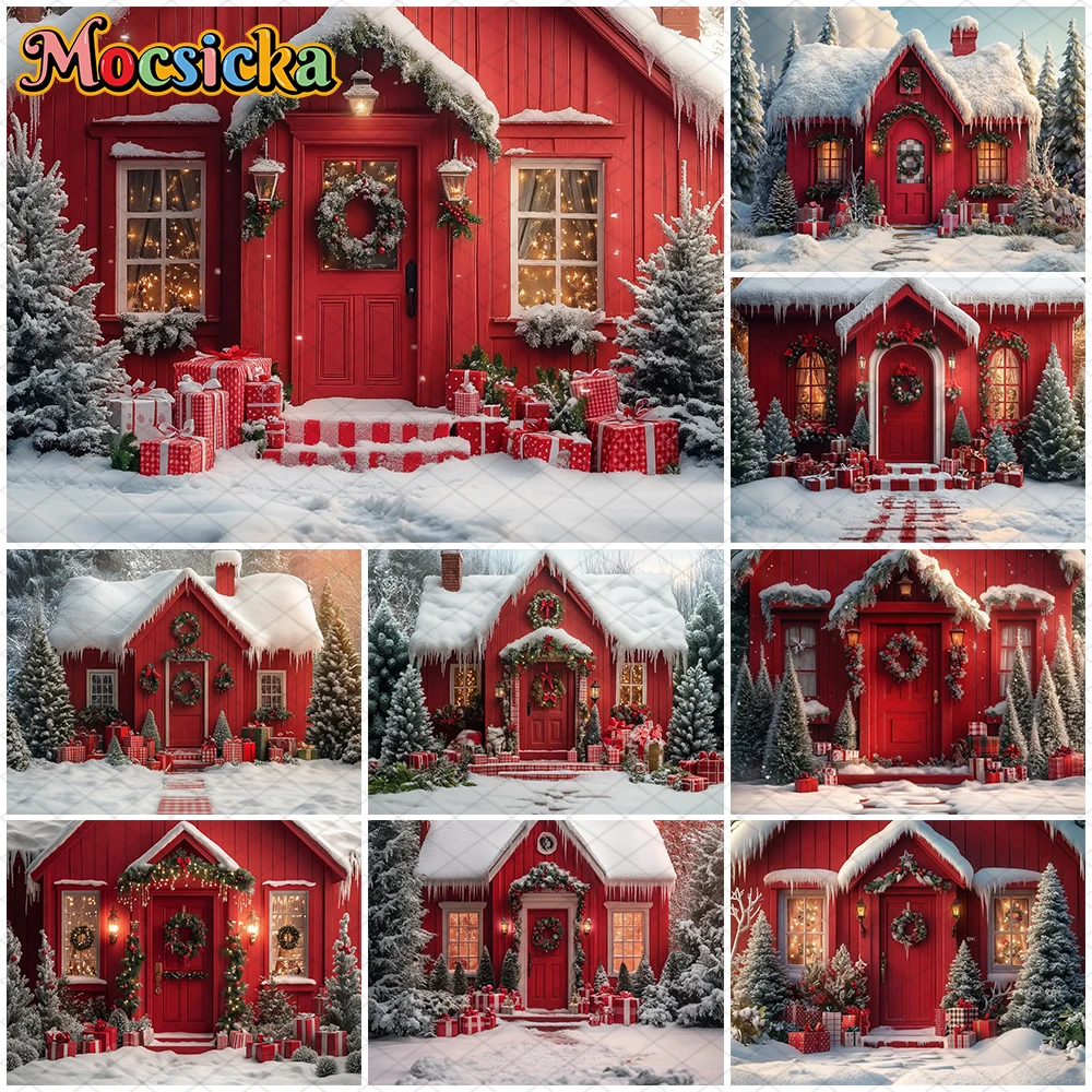 Mocsicka Red Christmas House Background Photography Winter Snow Tree New Year Party Decoration Adult Child Photo Backdrop Banner