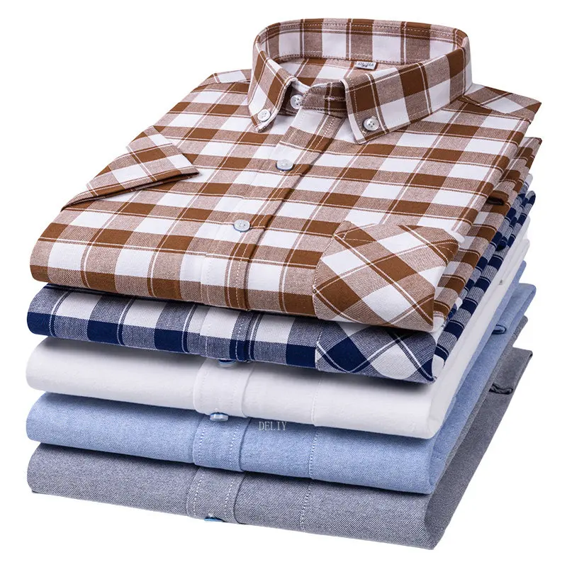 100% Cotton Breathable Men Oxford Short Sleeve Summer Plaid Shirts Striped Male Clothes Business Regular Fit