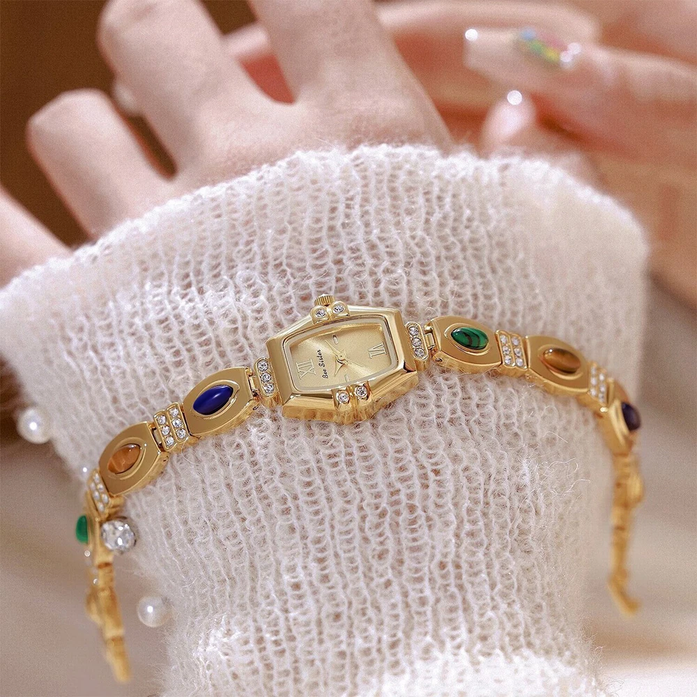 Relojes Vintage para mujer, pulsera de piedra de ojo de tigre Natural dorada, reloj para mujer, vestido ligero de lujo, reloj de cuarzo informal para mujer