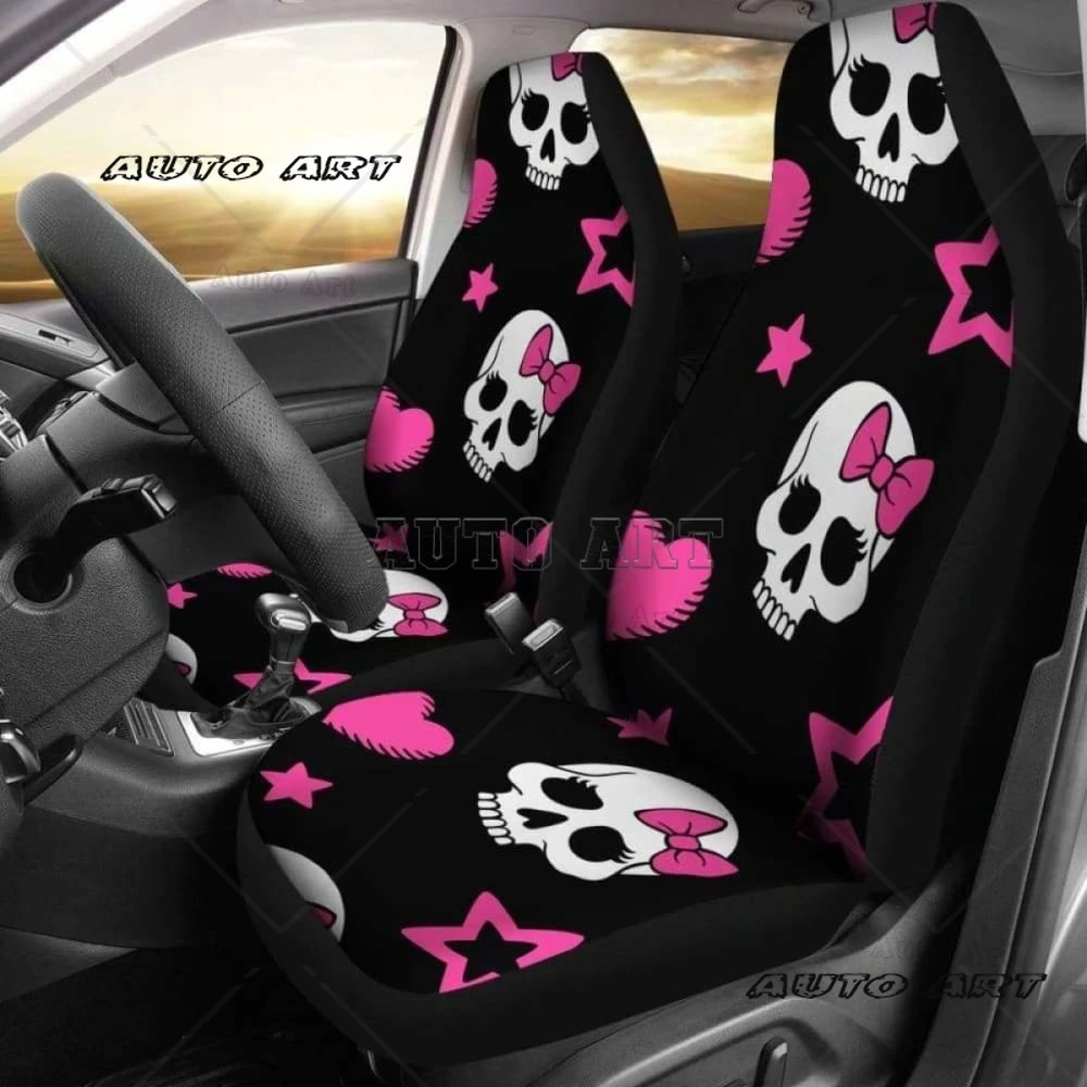 

Sugar Skulls Pink Hearts Car Seat Covers,Pack of 2 Universal Front Seat Protective Cover