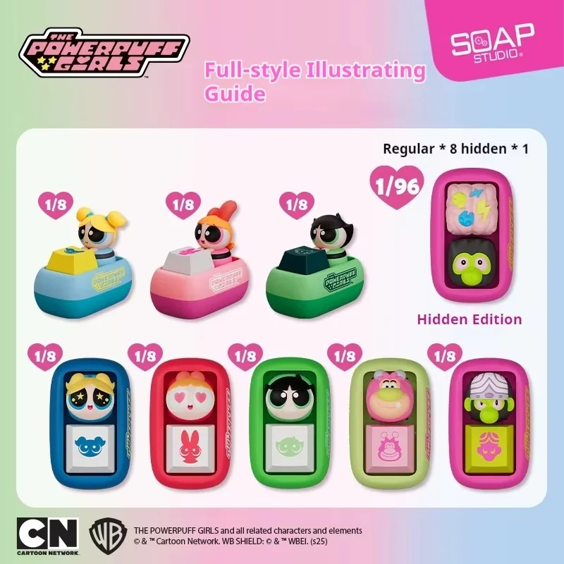 The Powerpuff Girls Fingertip Keycap صندوق أعمى لطيف أنيمي اكسسوارات زهرة فقاعة الشعر تصميم لعبة الأطفال هدية عيد ميلاد
