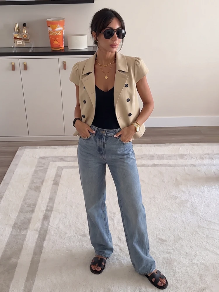 HH Minimalist Business Khaki Cropped Waistcoat Lapel Double Breasted Puff Cap Sleeve Suit Vest Spring Summer Casual Office Top
